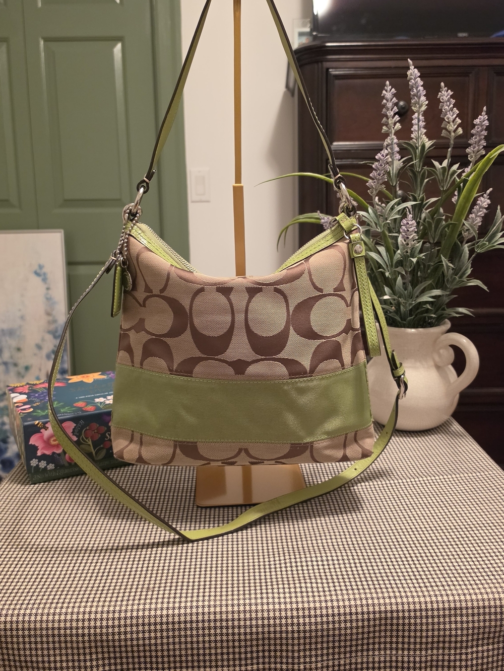 Coach Signature Stripe Convertible Crossbody Hobo Lime Green Y2K - BOTH HANGTAGS